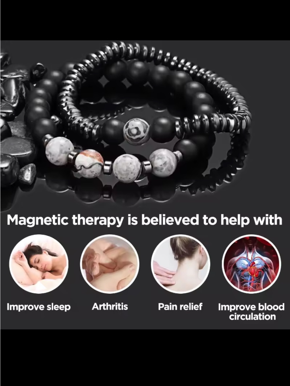 Black Beaded Magnetic Therapy Bracelet Set for Women